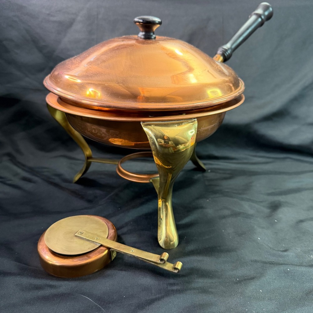 Vintage Copper Chafing Dish Set with Brass Stand and Wooden Handle